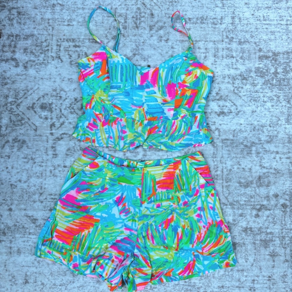 Lilly Pulitzer 2 Piece Set Linnea 00 Multi Color Tropical Crop Shorts Excellent